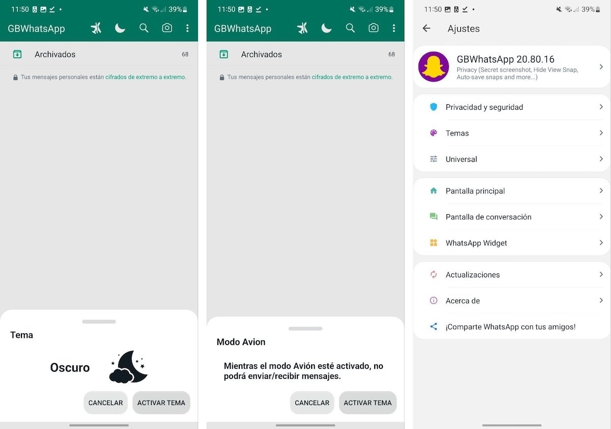 Algunas opciones que vienen incluidas en GBWhatsApp